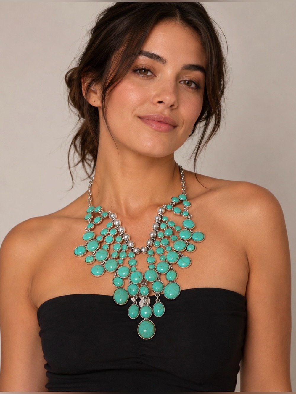 Turquoise Color Cabochon Bib Necklace Silver Tone Boho Western 19” L ;10.5” drop